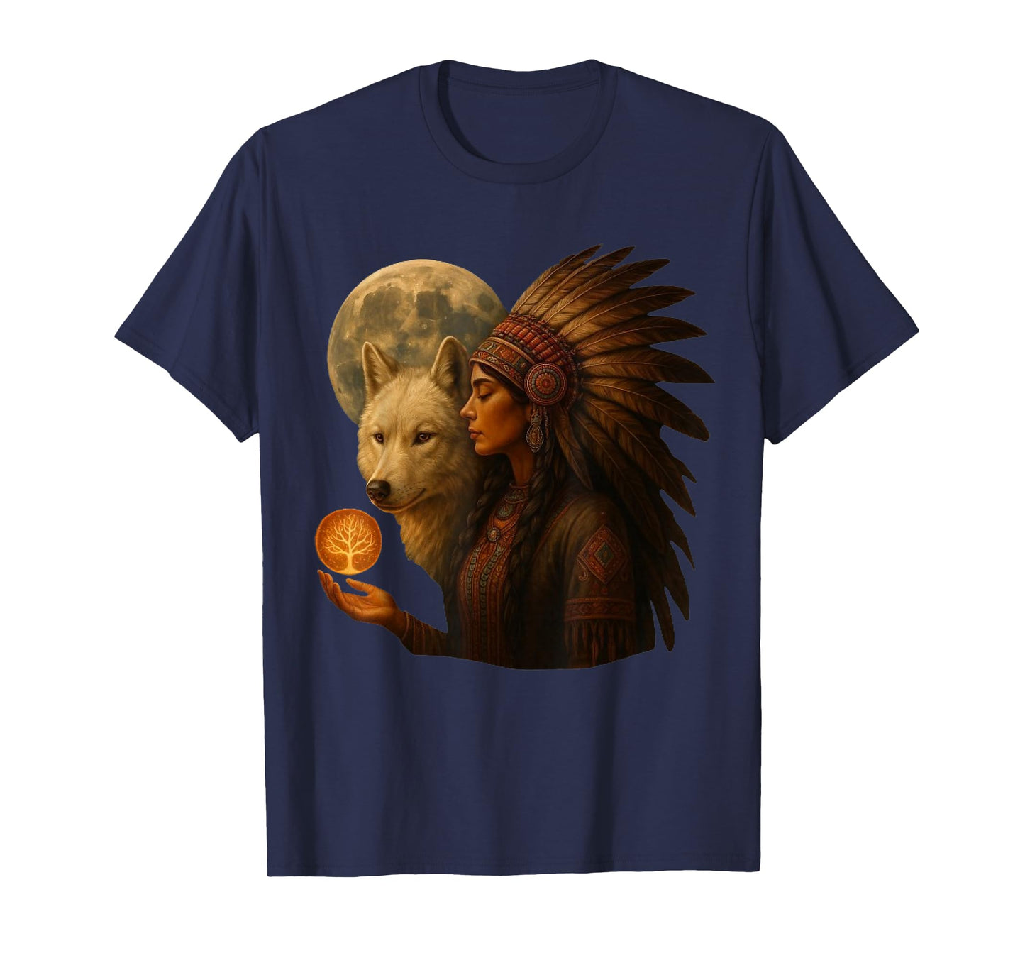 Indian Native American Woman with White Wolf Vitage Gifts T-Shirt