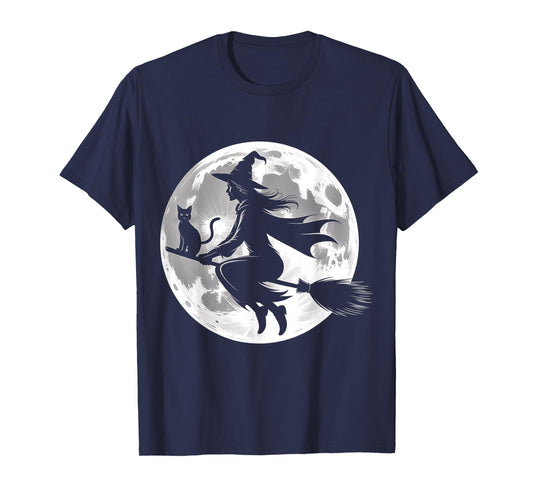 Flying Witch On Broomstick Halloween Full Moon Black Cat T-Shirt