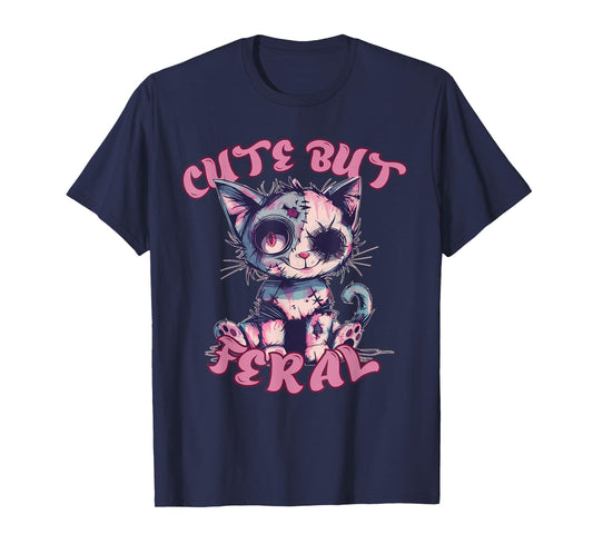 Cute But Feral Zombie Voodoo Cat Halloween Spooky T-Shirt for Men Women Kids