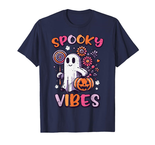 Halloween Ghost Spooky Vibes Retro Costume Girls Kids Women T-Shirt