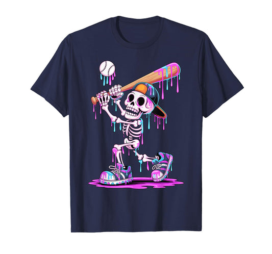 Funny Skeleton Baseball Drip Boys Youth Kids Halloween T-Shirt