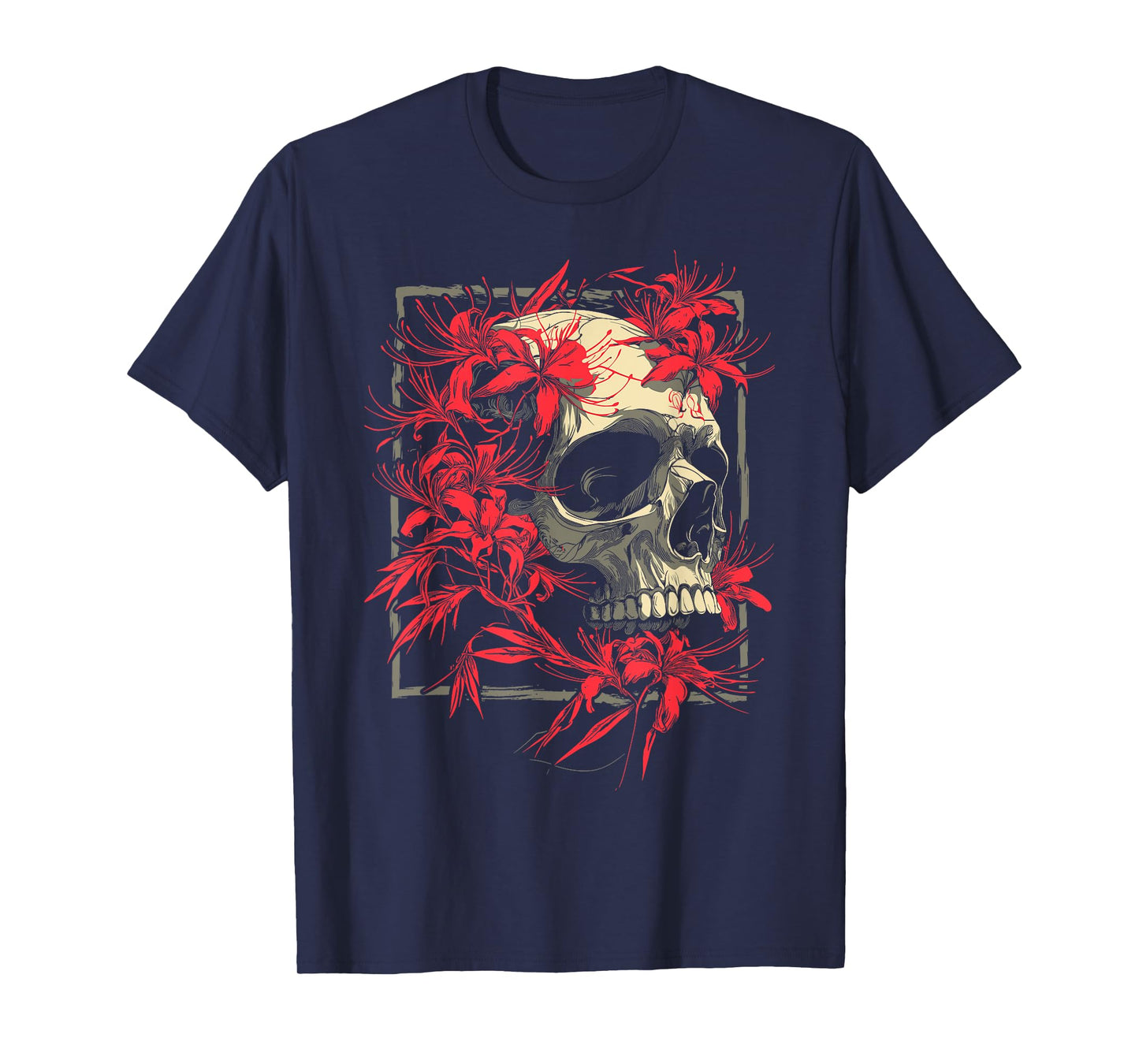 Red Spider Lily Flower Skull Skeleton Japanese Anime Otaku T-Shirt