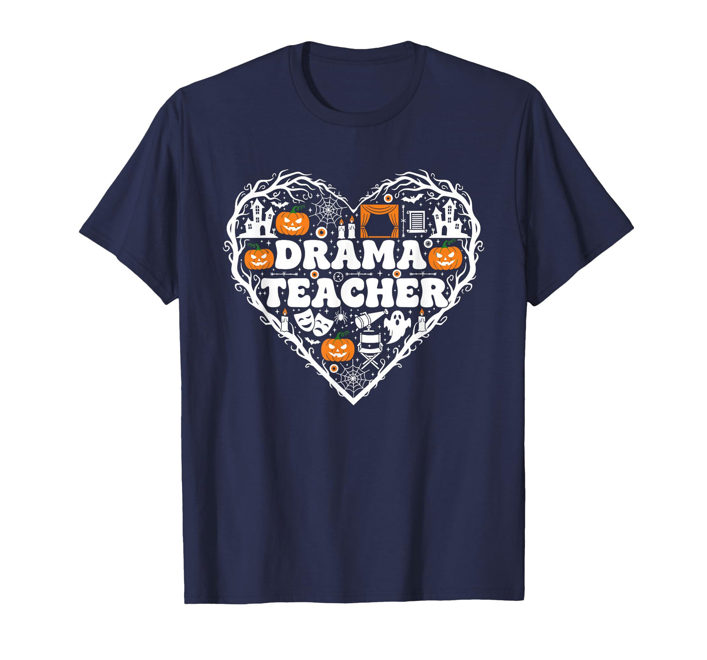 Drama Teacher Heart Pumpkin Ghost Halloween Kids Mens Womens T-Shirt