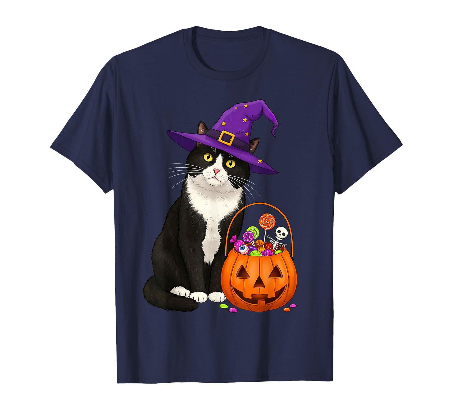 Tuxedo Witch Cat & Halloween Candy Basket for Men Women Kids T-Shirt