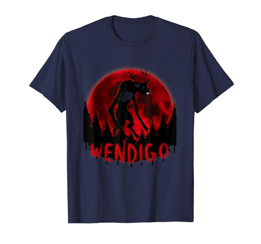 Red Full Moon in a ghost forest Wendigo Folklore T-Shirt