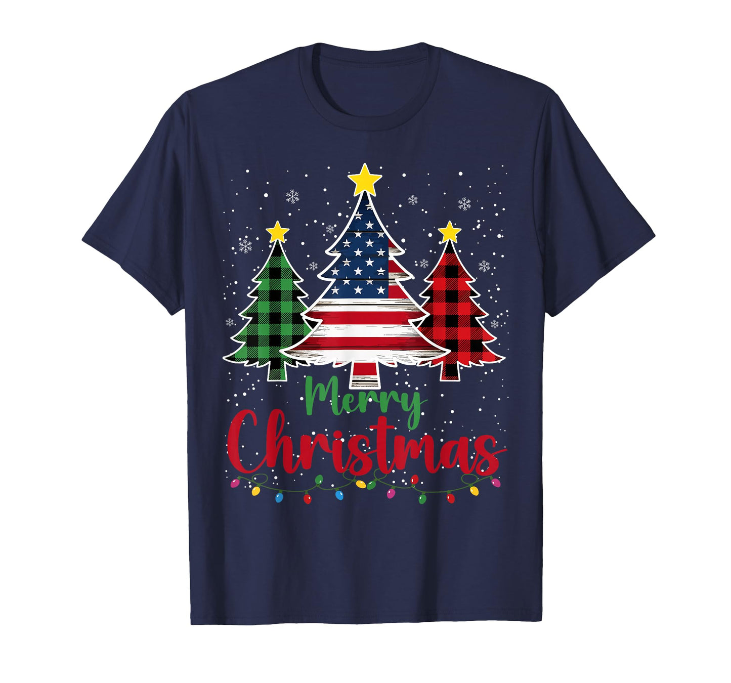 Merry Christmas Tree Plaid US Flag Snowflake Xmas Men Women T-Shirt