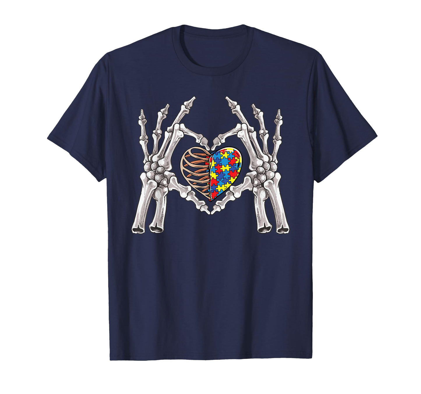 Autism Awareness Gothic Skull Hand Autism Puzzle Piece Heart T-Shirt