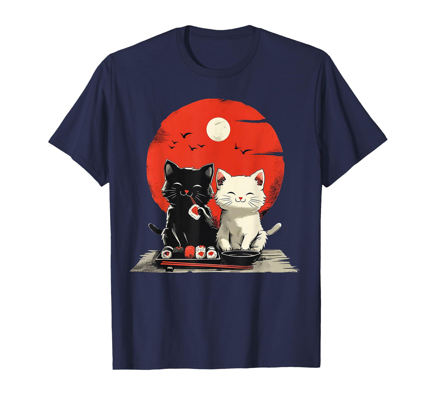Cute Cartoon Cats Eating Sushi with Japanese Sun T-Shirt