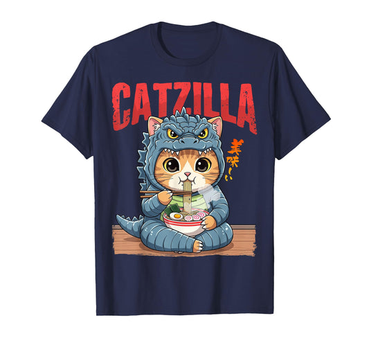 Funny Catzilla Eating Ramen Cute Cat Lover Japanese Art T-Shirt