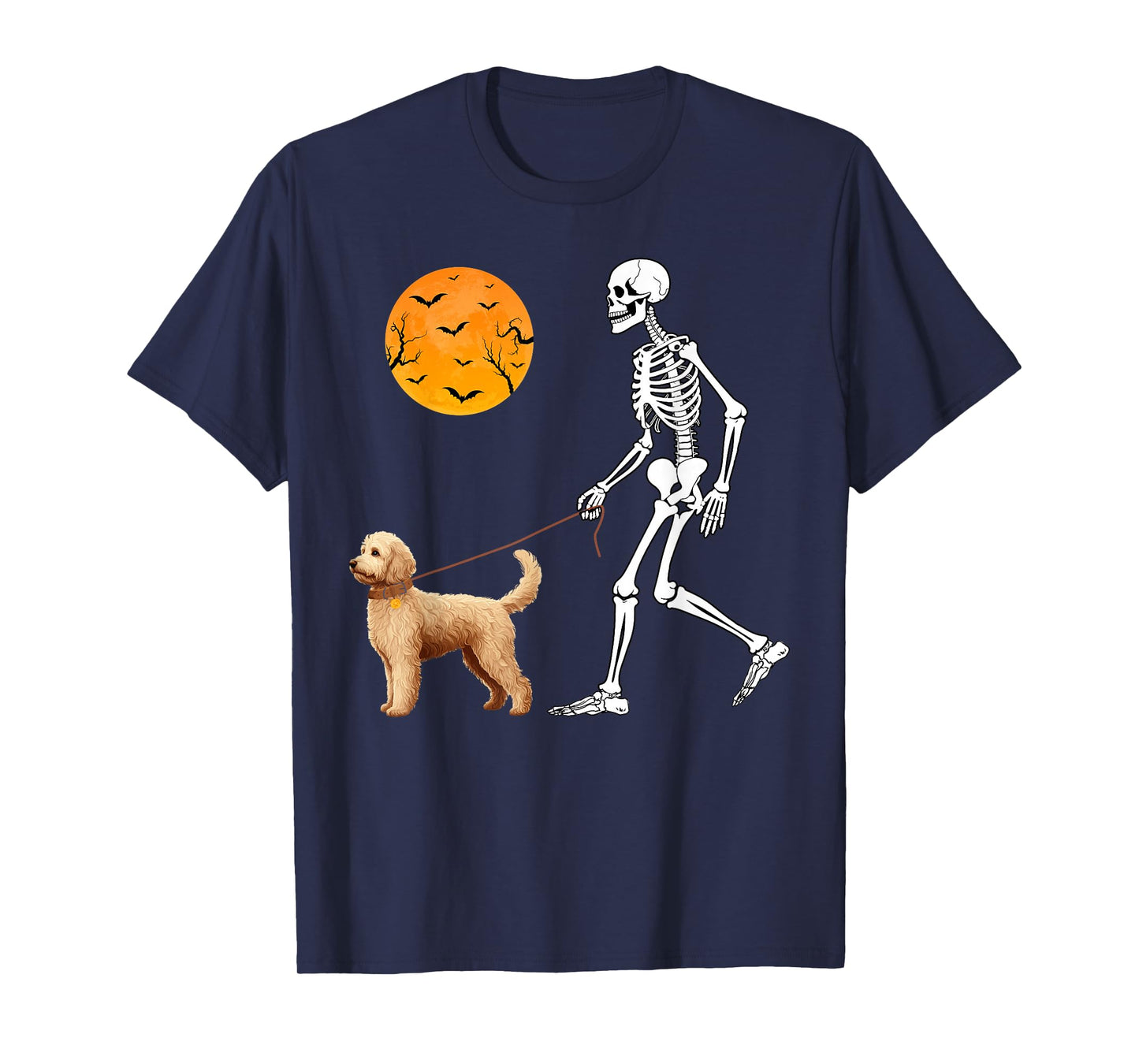 Funny Skeleton Walking With Goldendoodle Dog Happy Halloween T-Shirt