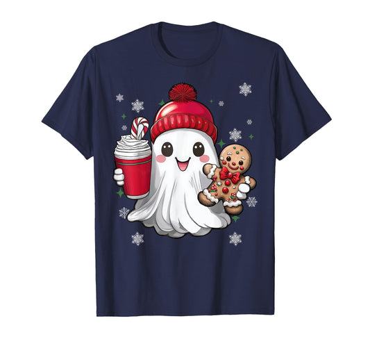 Retro Ghost Beanie Christmas Holiday Xmas Coffee Gingerbread T-Shirt