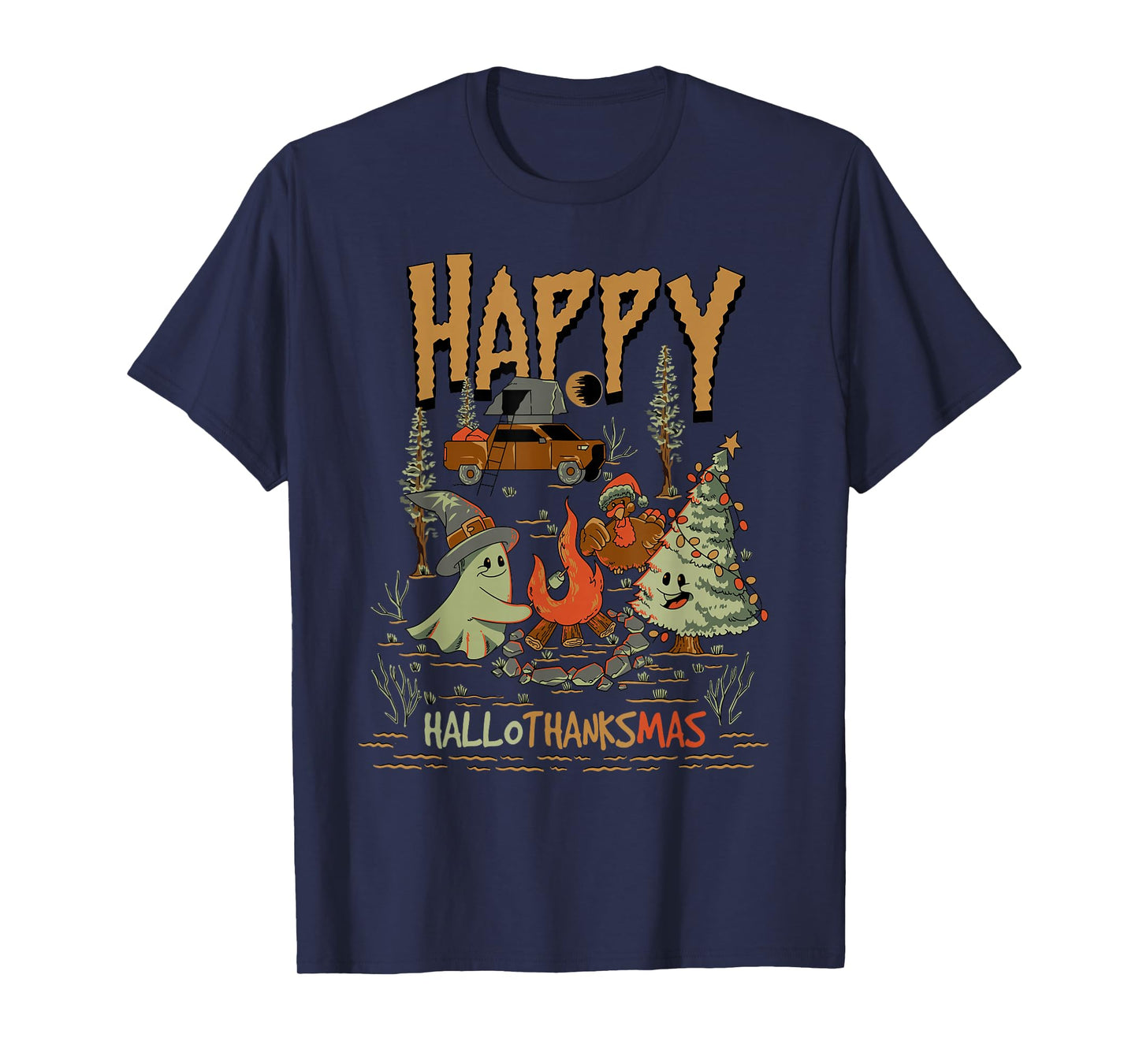 Happy HalloThanksMas Camping Ghost Turkey Tree Design T-Shirt