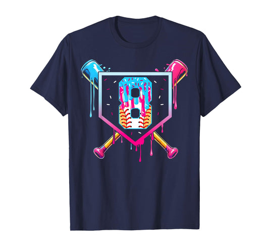 Baseball 8 Year Old Ice Cream Drip 8th Birthday Boy 8 T-Shirt