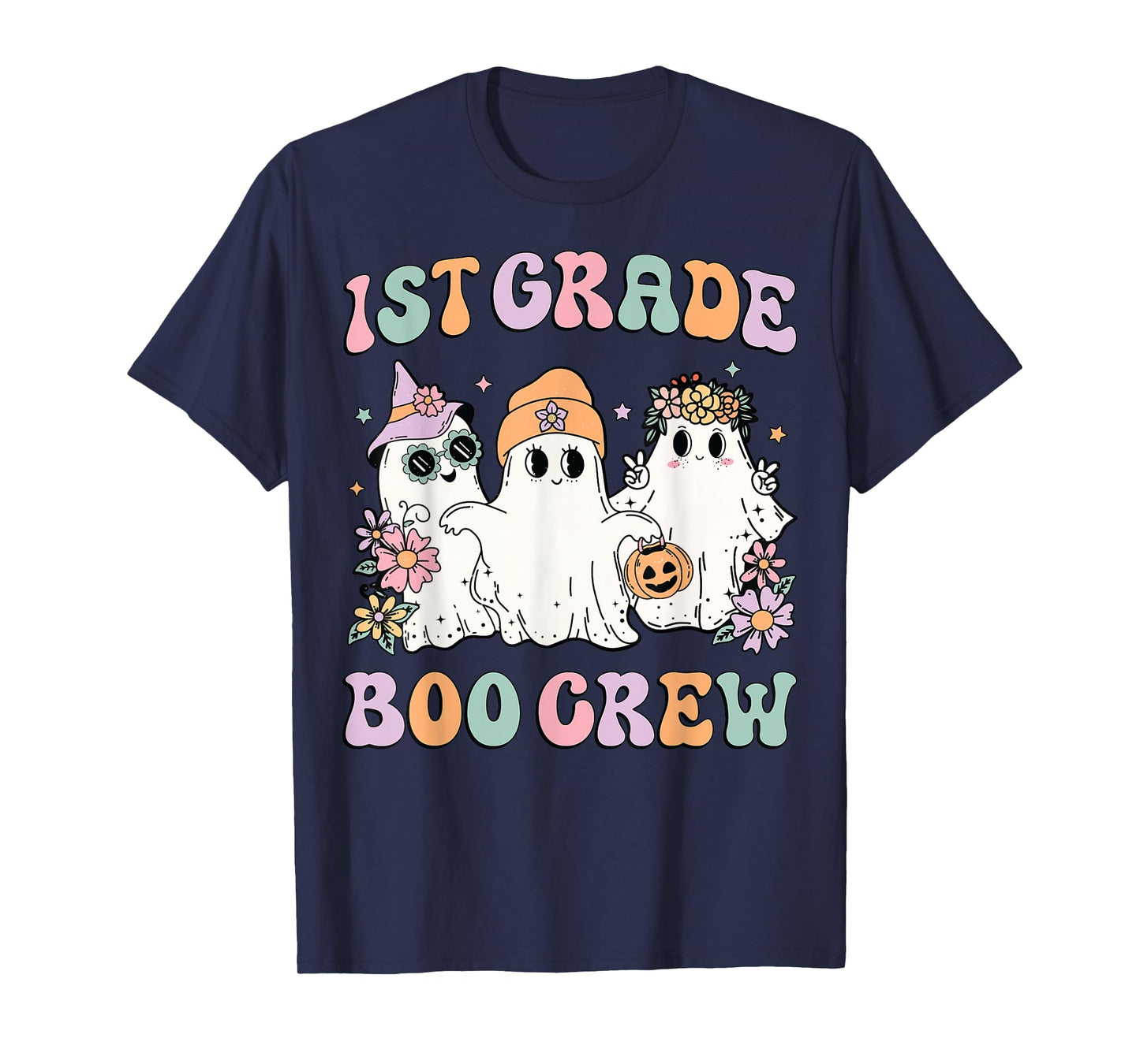 1st Grade Boo Crew Groovy Halloween Floral Ghost Kid Teacher T-Shirt