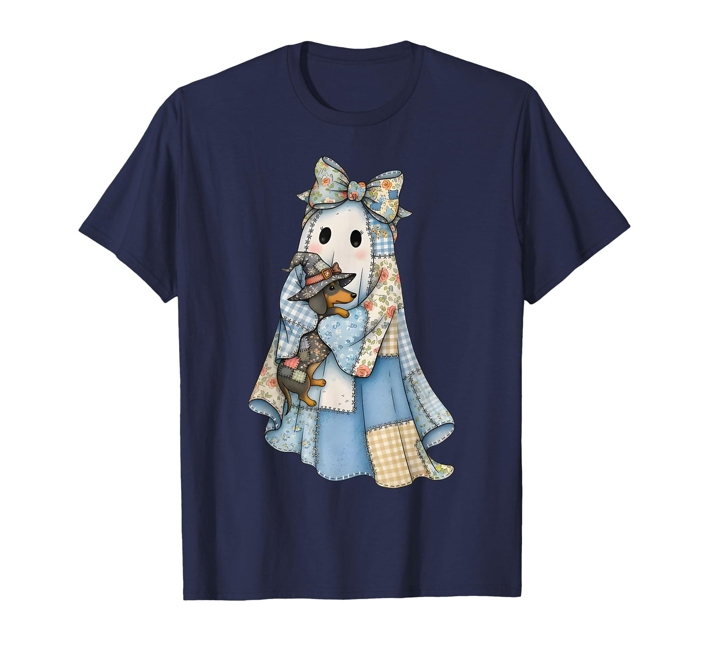 Retro Halloween Blue Denim Ghost Dachshund Funny T-Shirt