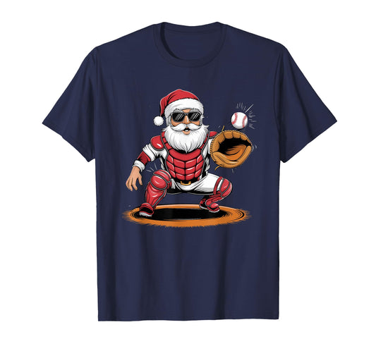 Santa Playing Baseball As Catcher Boys Teens Christmas T-Shirt
