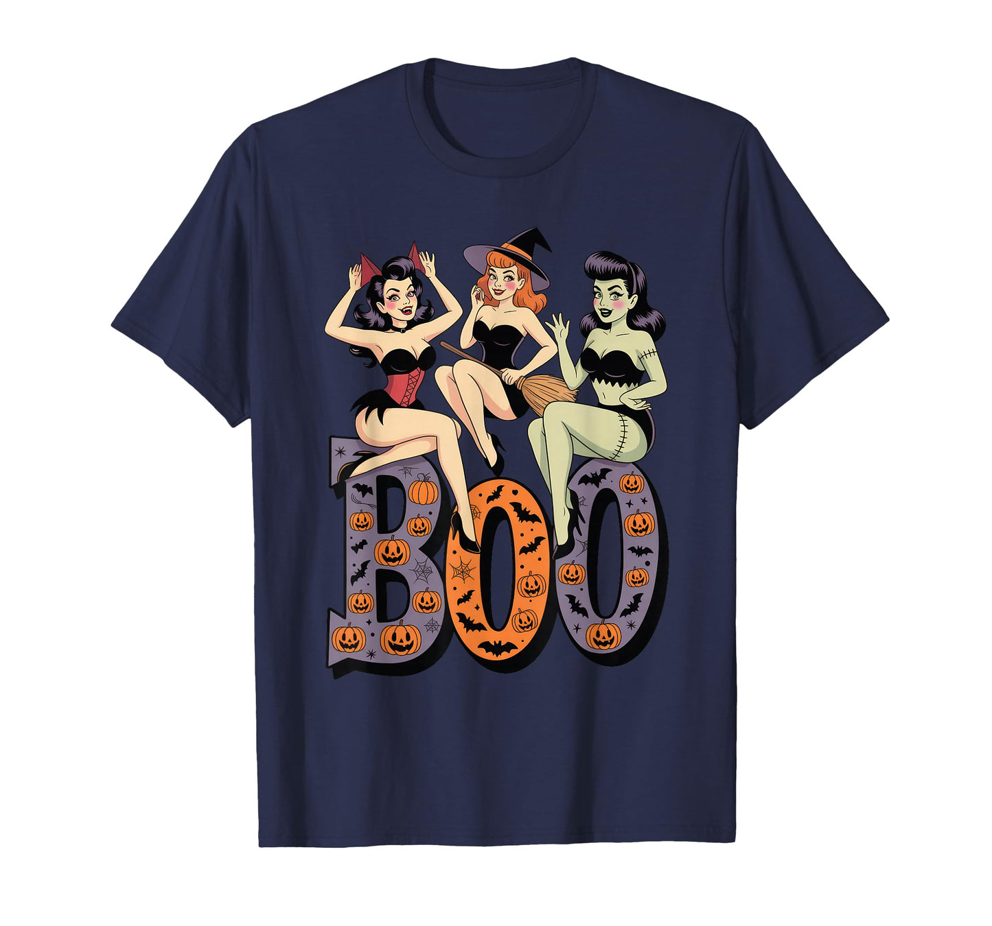 Vintage Halloween Pinup Trio Retro Boo Witches Devil Monster T-Shirt