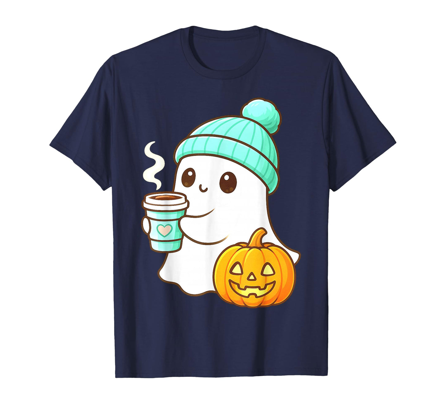 Kawaii Ghost with Pumpkin Coffee Cozy Halloween Autumn Fall T-Shirt