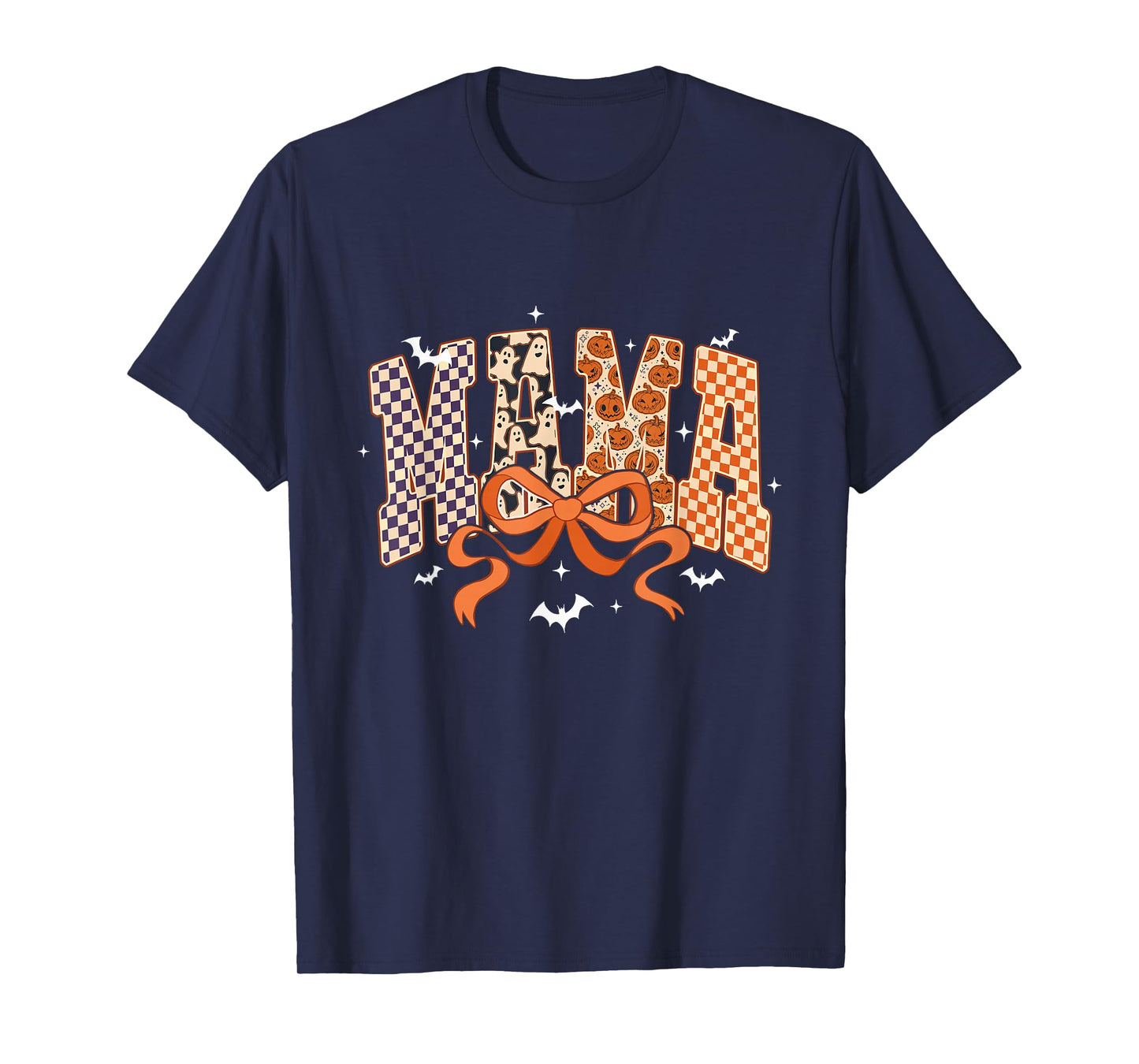 Retro Checkered Pumpkin Ghost Mama Halloween Mom Spooky T-Shirt