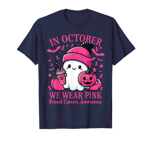 in October We Wear Pink Breast Cancer Boo Ghost Halloween T-Shirt