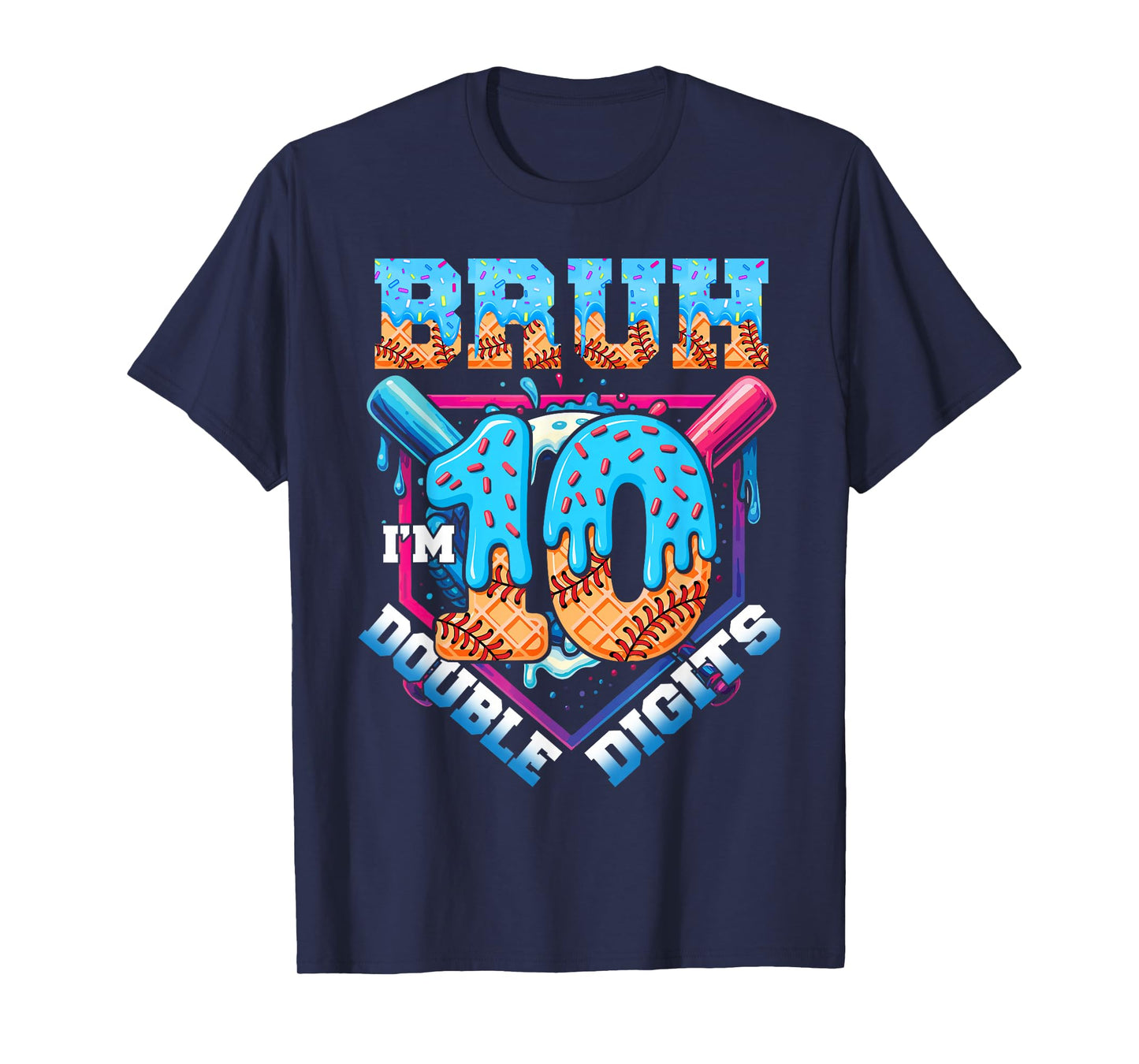 Boys 10 Double Digits 10th Birthday Ice Cream Baseball Drip T-Shirt