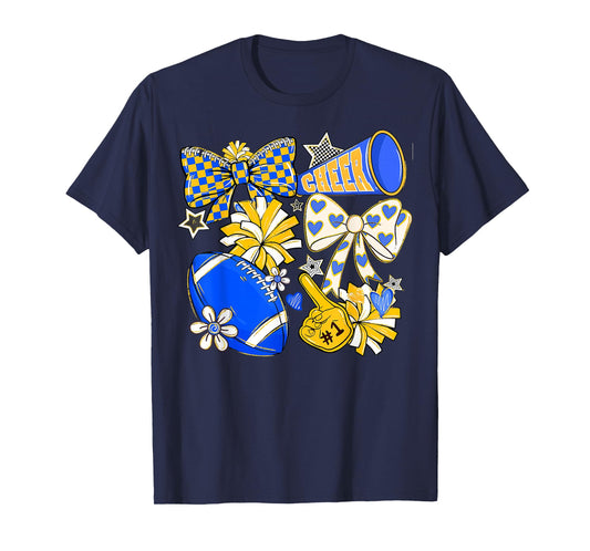 Retro Blue & Gold Cheer Football Game Day Coquette Bow Kids T-Shirt
