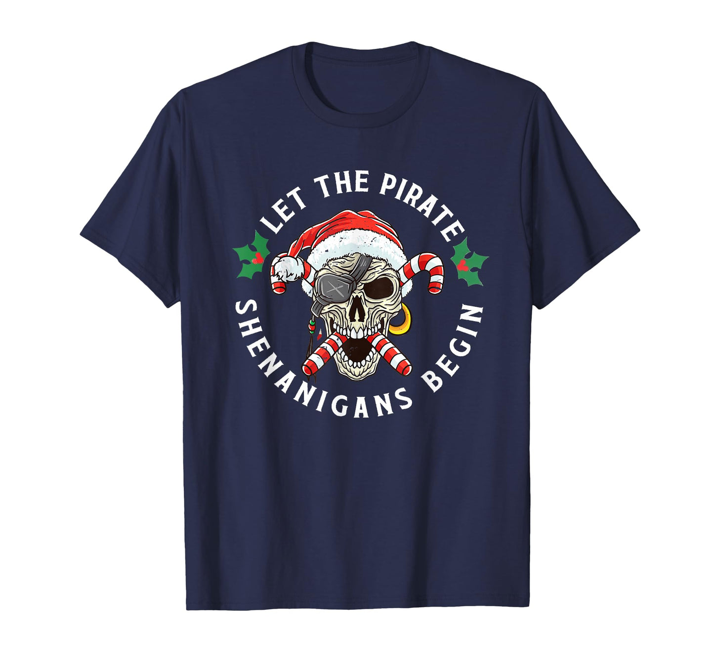 Skeleton Skull Santa Pirate Candy Cane Christmas Jolly Roger T-Shirt