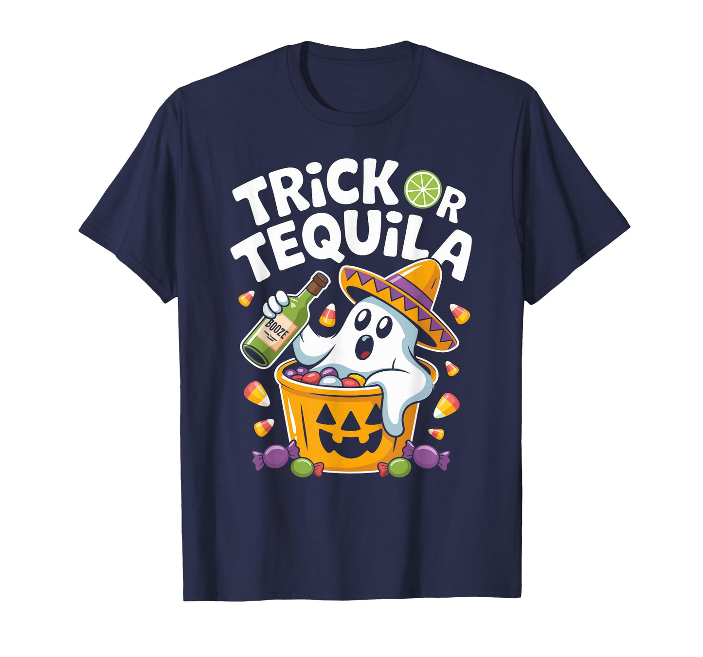 Trick Or Tequila Halloween Ghost Drinking T-Shirt
