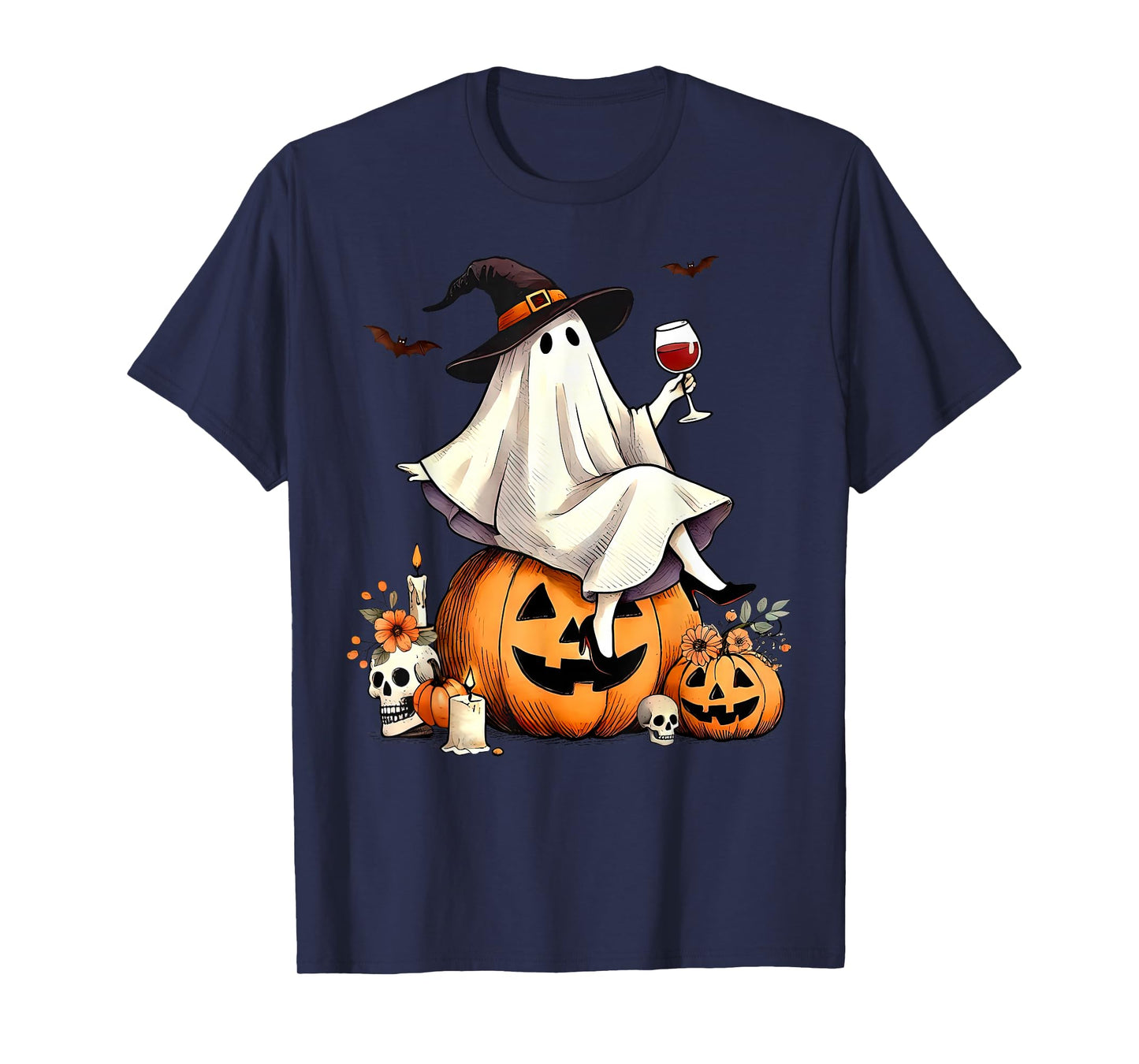 Witch Ghost Wine Drinking Pumpkin Halloween Spooky Season T-Shirt