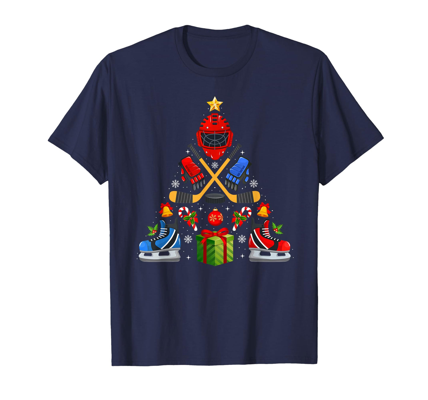 Ice Hockey Christmas Tree Lights Red Santa Hat Xmas Pajamas T-Shirt