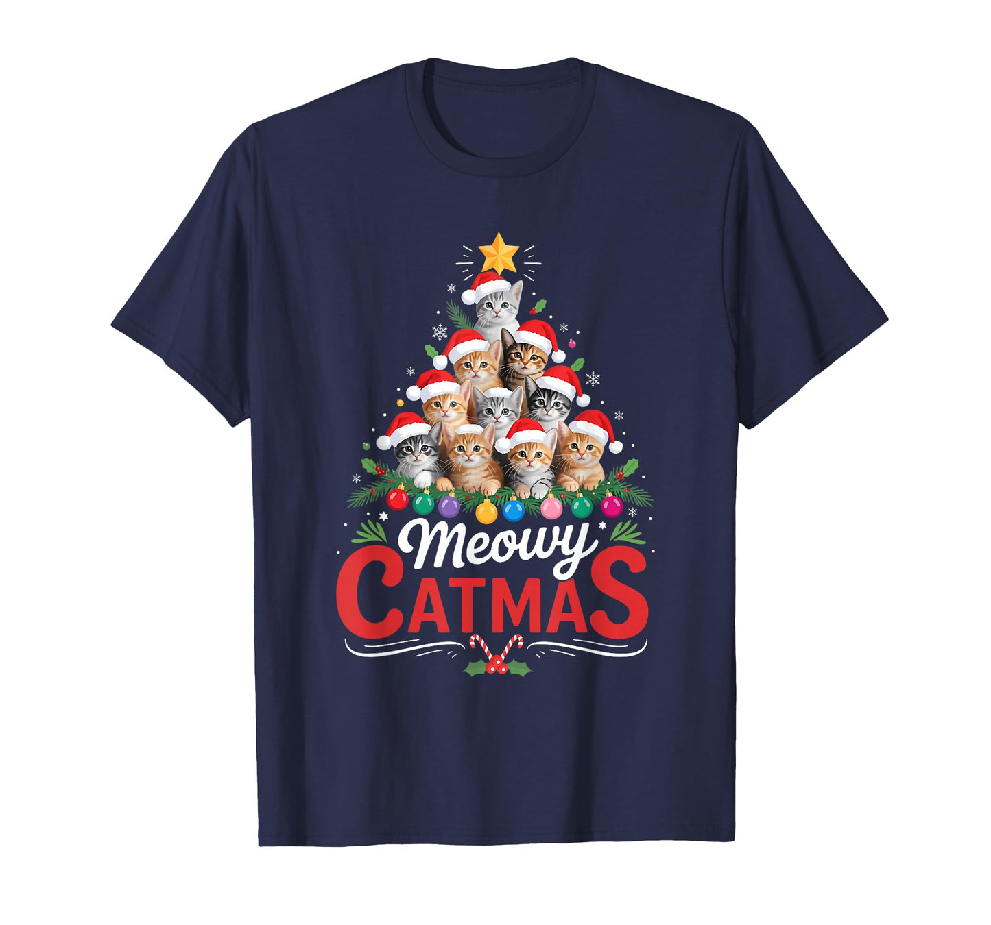 Meowy Catmas Cat Christmas Tree Xmas Girls Boys Funny Santa T-Shirt