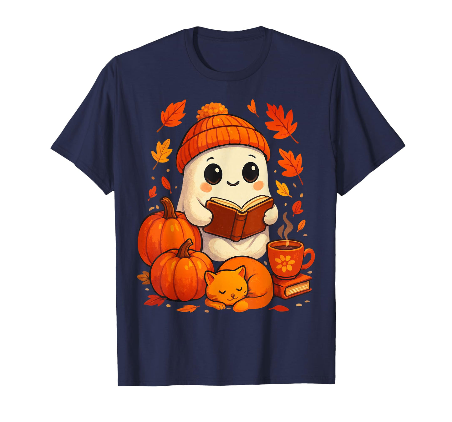 Cute Ghost Reading Book Autumn Pumpkins Cat Coffee Halloween T-Shirt