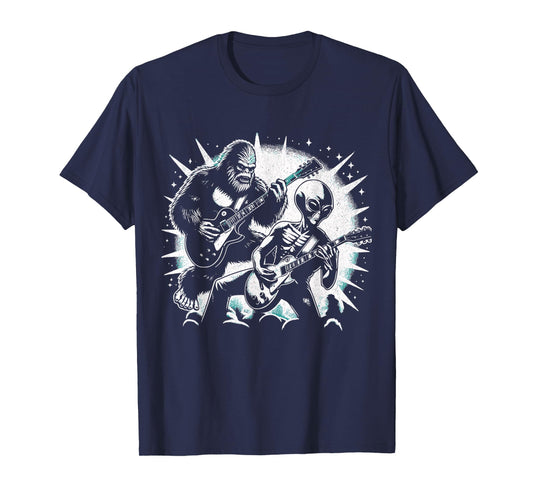 Funny Bigfoot and Alien Playing Guitar Rock Music Musicians T-Shirt