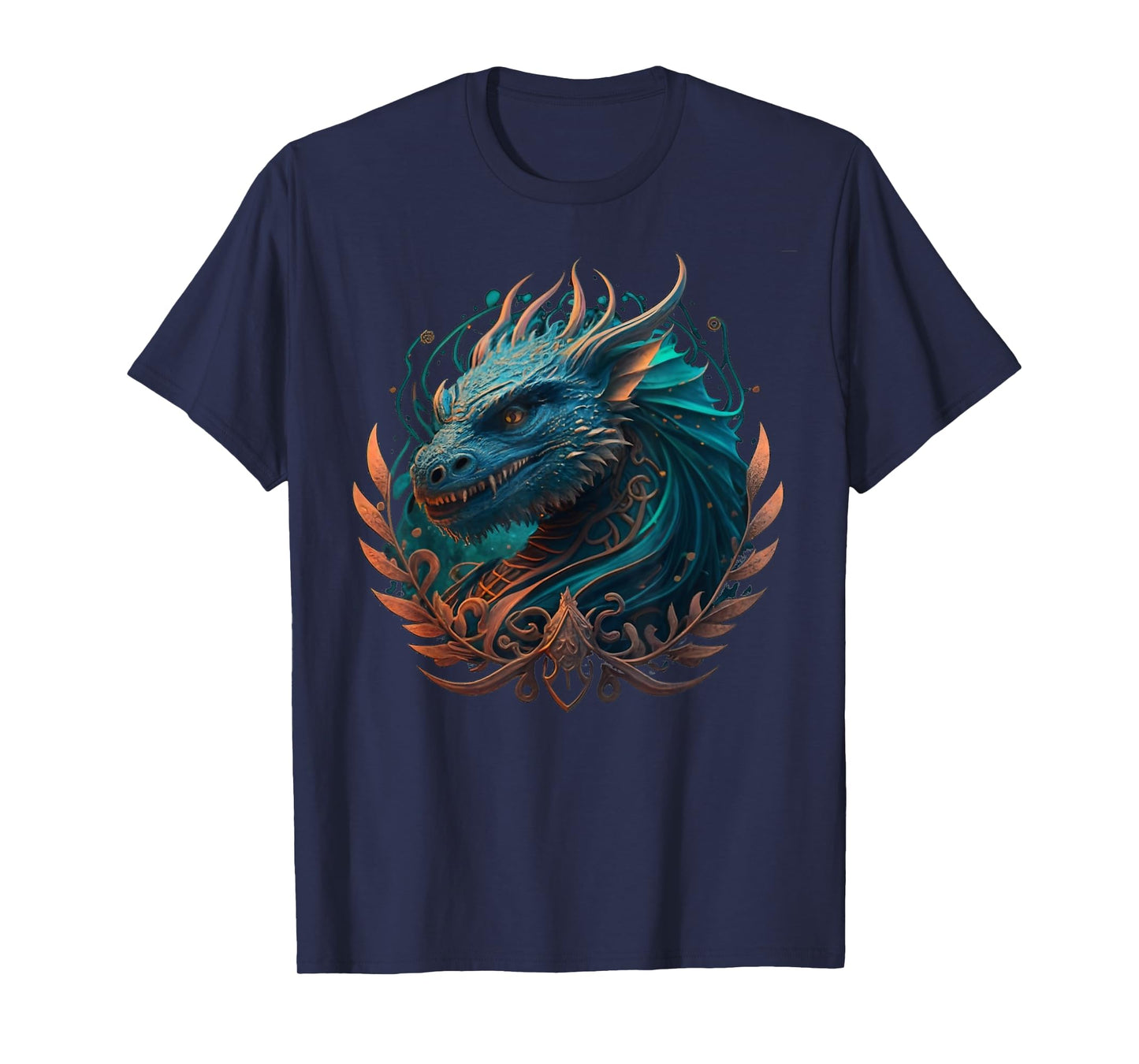 Mystical dragons head with curlicues in turquoise, drawing T-Shirt