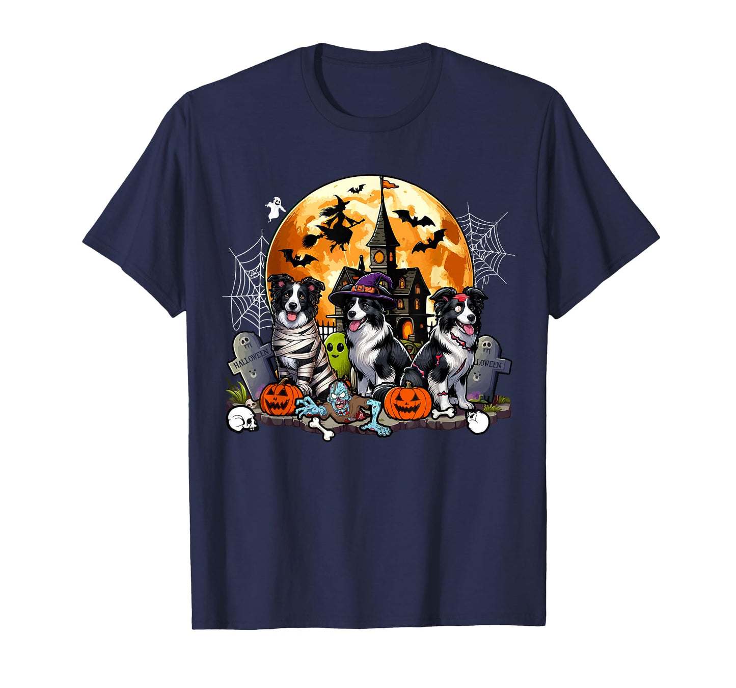 Three Halloween Border Collies As Horror Witch Mummy Zombie T-Shirt
