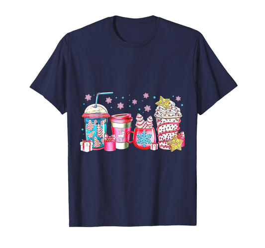 Cute Pink Coffee Cups Latte Christmas Design Women Girls T-Shirt