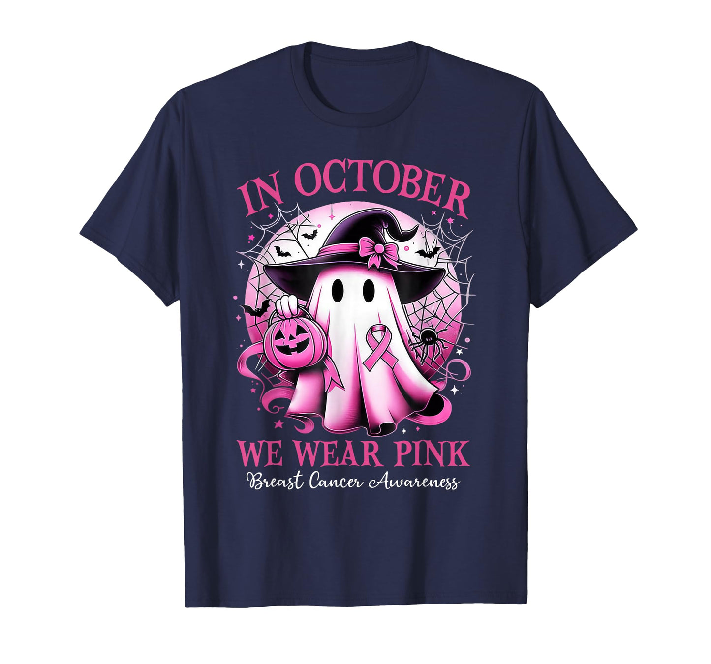 In October We Wear Pink Witch Ghost Breast Cancer Awareness T-Shirt