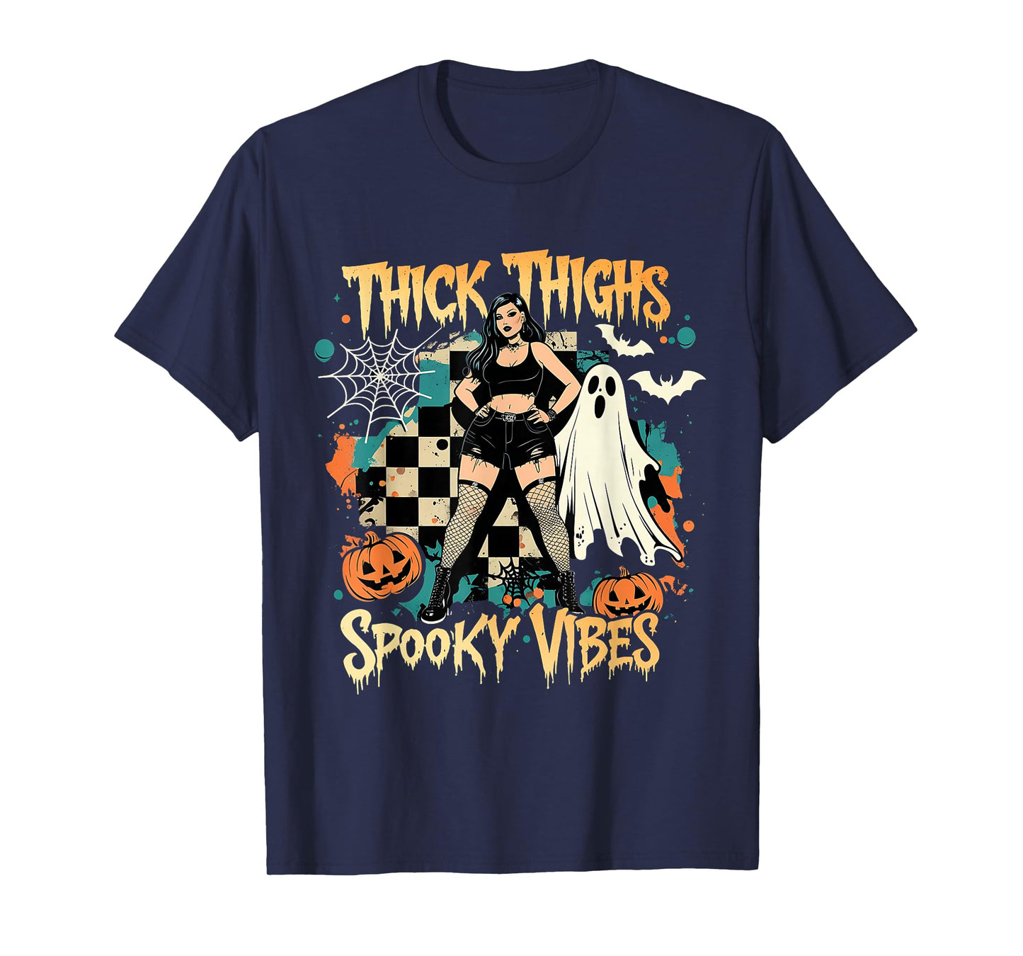 Thick Thighs Spooky Vibes Funny Ghost Halloween T-Shirt