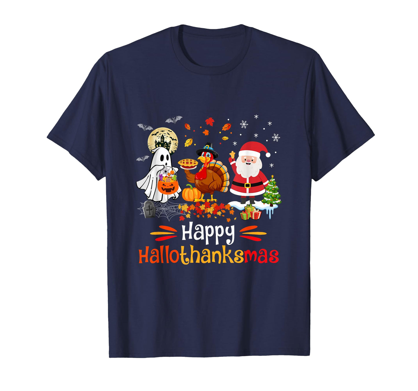 Happy Hallothanksmas Ghost Turkey Pumpkin Christmas Santa T-Shirt