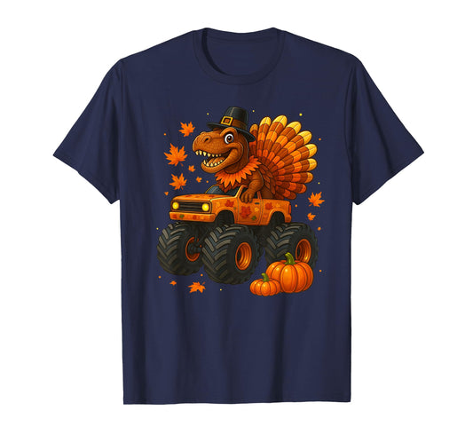Monster Truck Trex Dinosaur Turkey Fall Thanksgiving Boy Kid T-Shirt