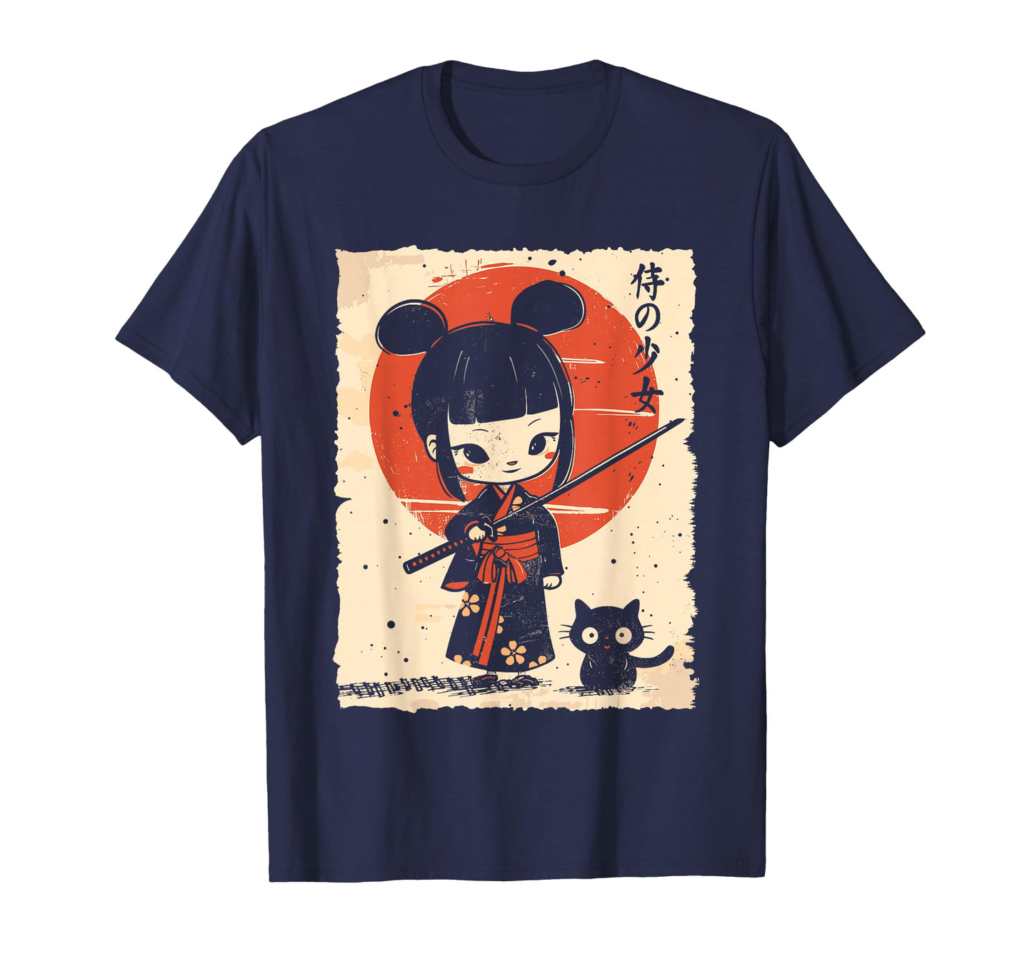 Cute Kawaii Samurai Girl with Katana & Cat Japanese Anime T-Shirt
