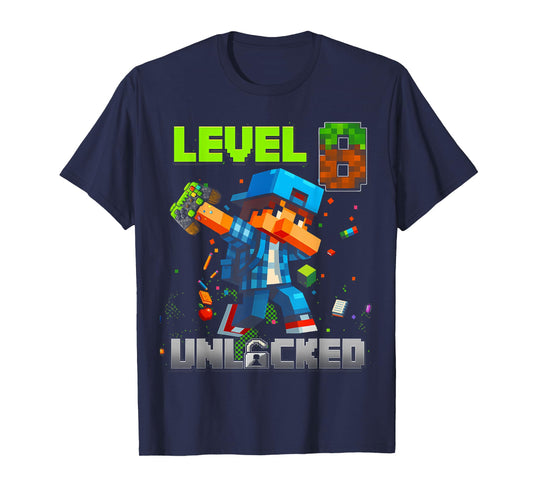 Level 8 Unlocked Funy Birthday Boy Pixel Gamer 8th Birthday T-Shirt