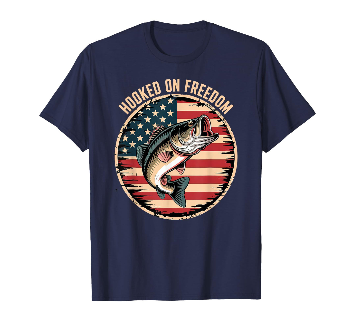 Patriotic Bass Fishing Jumping Over Distressed American Flag T-Shirt