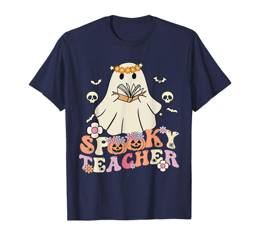 Spooky Teacher Groovy Retro Ghost Teacher Halloween 2023 T-Shirt for Men Women Kids