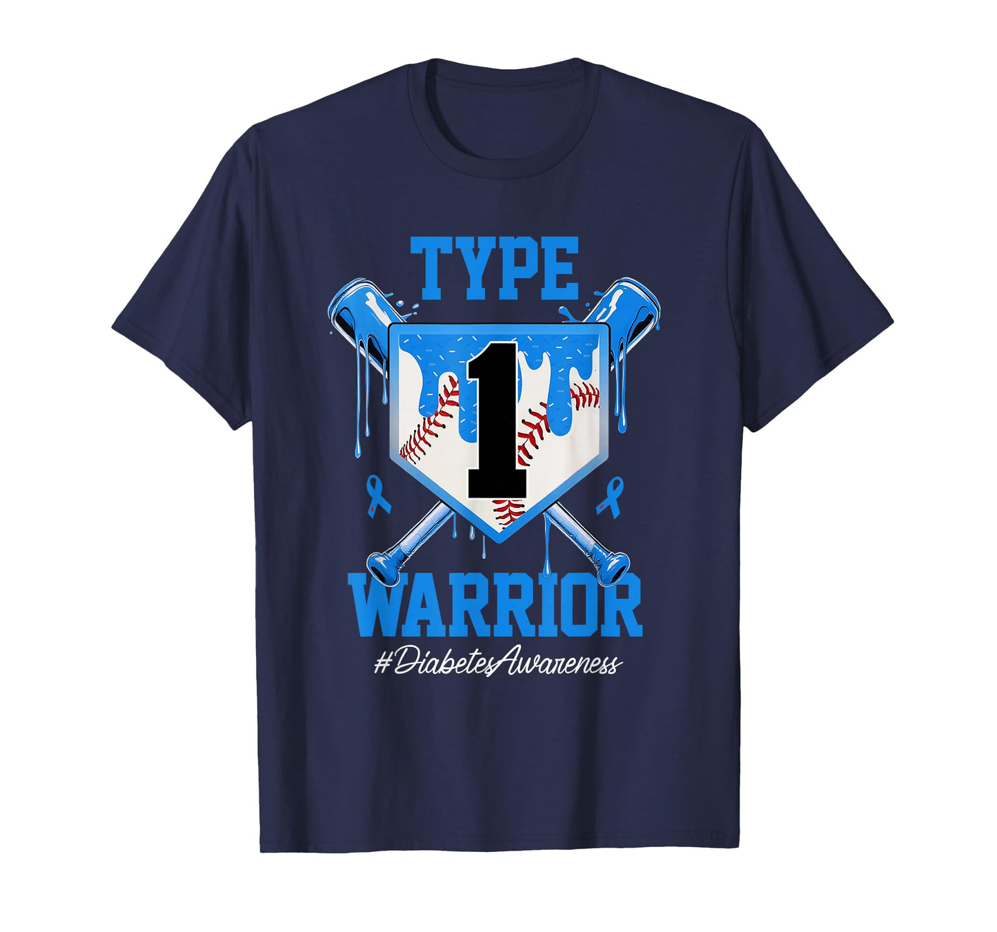 T1D Warrior Baseball Drip Diabetes Awareness Blue Ribbon T-Shirt