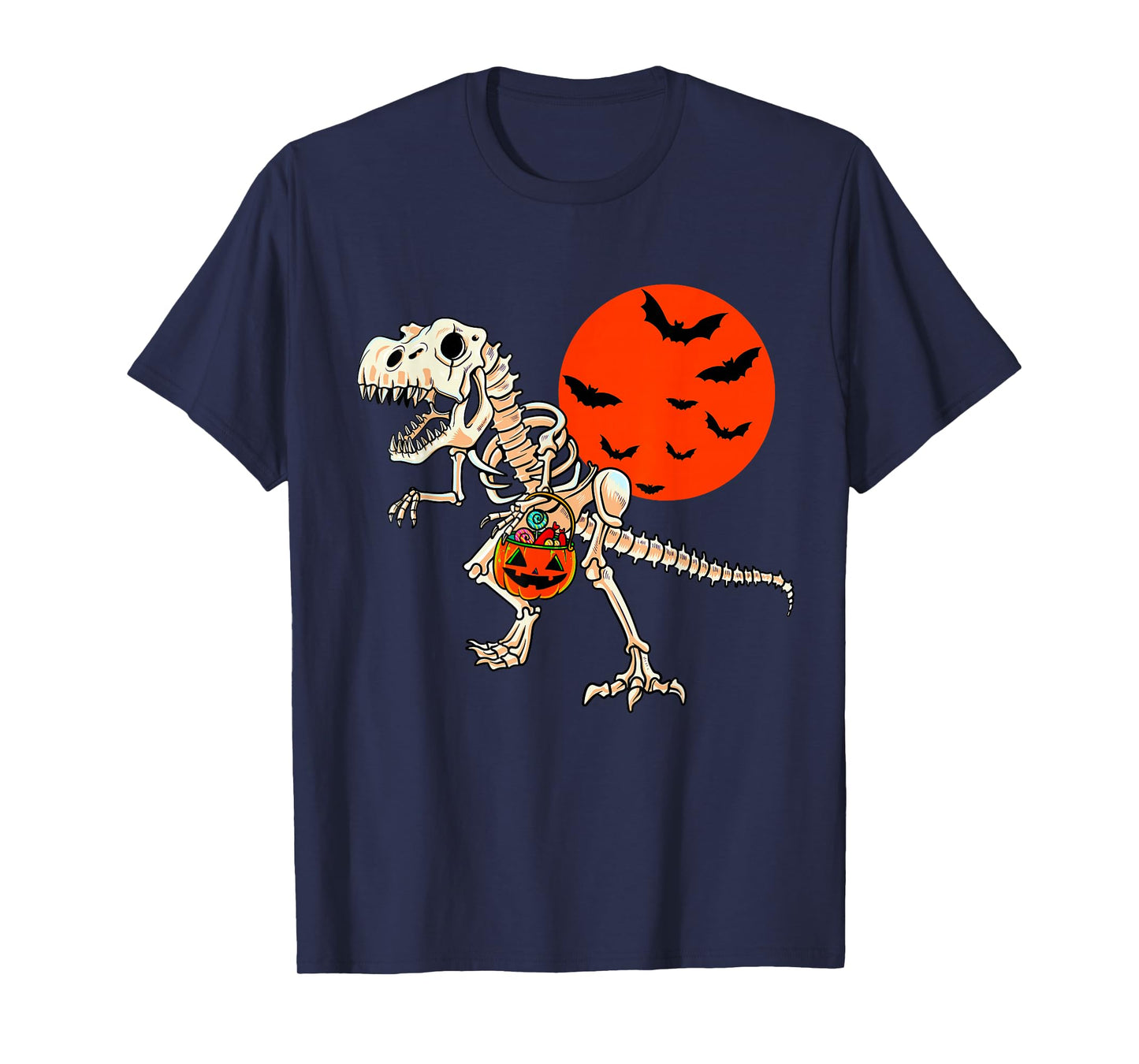 Scary Dinosaur Halloween Boys T Rex Skeleton Pumpkin Moon T-Shirt