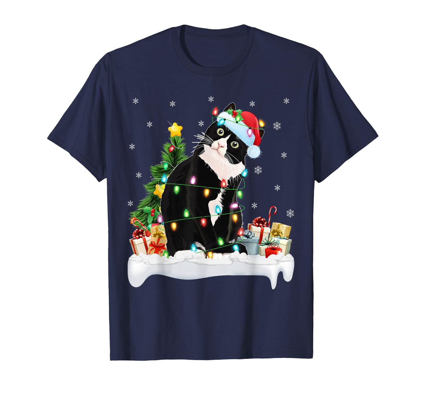 Black Cat Christmas Lights Santa Hat Black Cat Lover Xmas T-Shirt