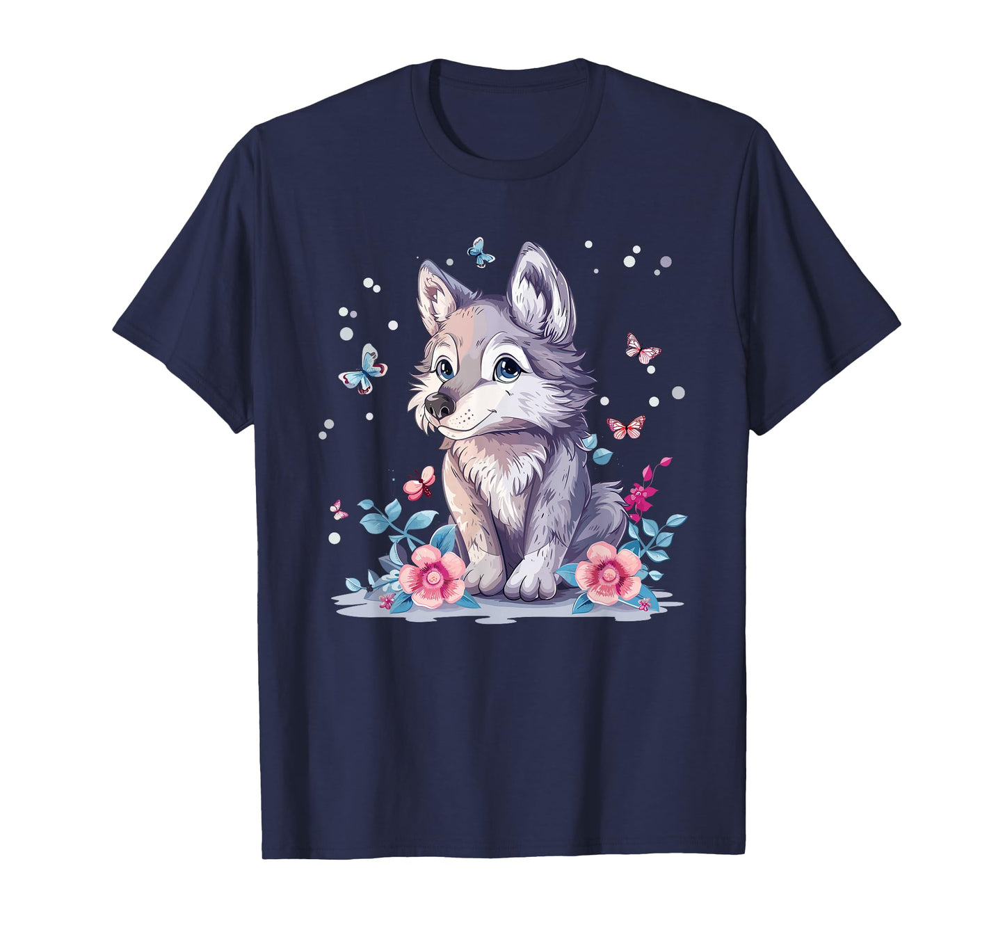 Cute Wolf With Flowers I Kids Wolf T-Shirt