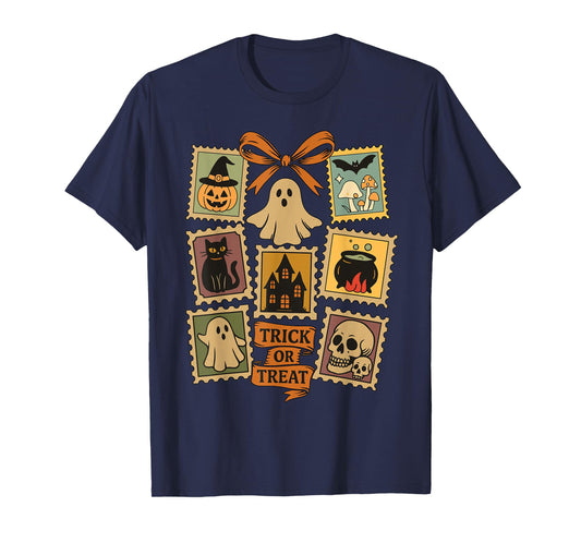 Retro Halloween Stamp Icons Funny Halloween Stamp Cat Ghost T-Shirt