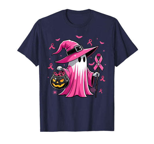 Halloween Pink Ghost Witch Breast Cancer Awareness Women T-Shirt